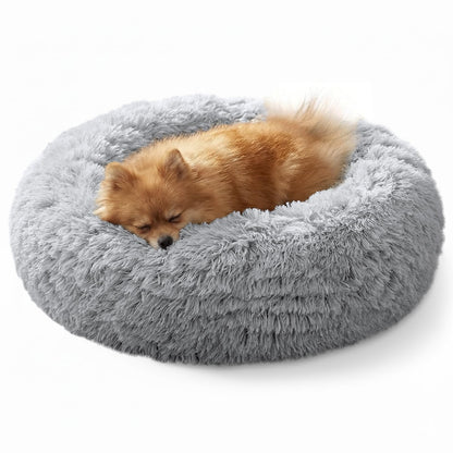 Frestano™ Small Dog & Cat Bed – 20" Calming Donut Bed for Kittens & Puppies, Washable Fluffy Plush Faux Fur, Smoke Grey