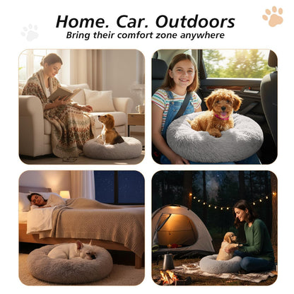 Frestano™ Small Dog & Cat Bed – 20" Calming Donut Bed for Kittens & Puppies, Washable Fluffy Plush Faux Fur, Smoke Grey