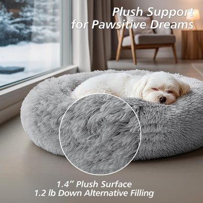 Frestano™ Small Dog & Cat Bed – 20" Calming Donut Bed for Kittens & Puppies, Washable Fluffy Plush Faux Fur, Smoke Grey