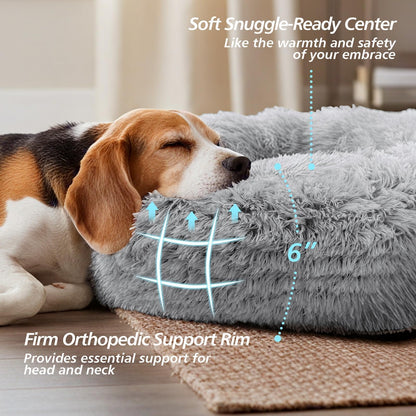 Frestano™ Small Dog & Cat Bed – 20" Calming Donut Bed for Kittens & Puppies, Washable Fluffy Plush Faux Fur, Smoke Grey