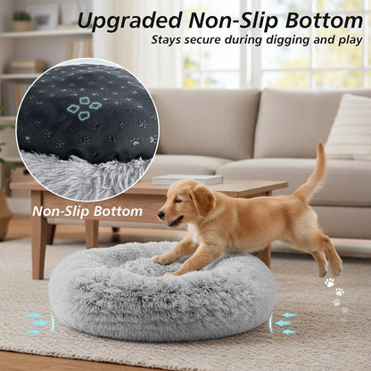 Frestano™ Small Dog & Cat Bed – 20" Calming Donut Bed for Kittens & Puppies, Washable Fluffy Plush Faux Fur, Smoke Grey
