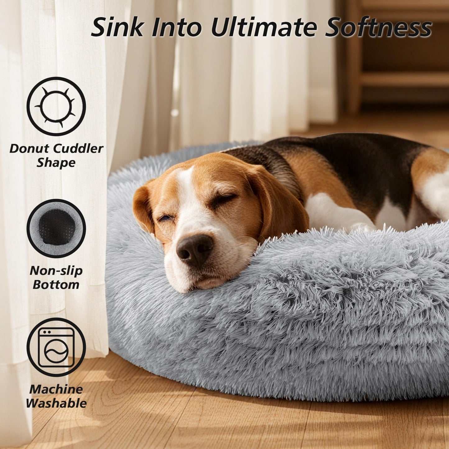 Frestano™ Small Dog & Cat Bed – 20" Calming Donut Bed for Kittens & Puppies, Washable Fluffy Plush Faux Fur, Smoke Grey