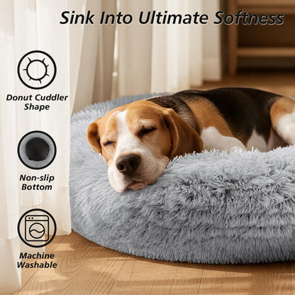 Frestano™ Small Dog & Cat Bed – 20" Calming Donut Bed for Kittens & Puppies, Washable Fluffy Plush Faux Fur, Smoke Grey