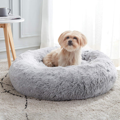 Frestano™ Calming Soft Round Dog & Cat Bed – Anti-Anxiety Donut Cuddler, Faux Fur Plush, Cozy Cushion for Small & Medium Pets, Light Grey