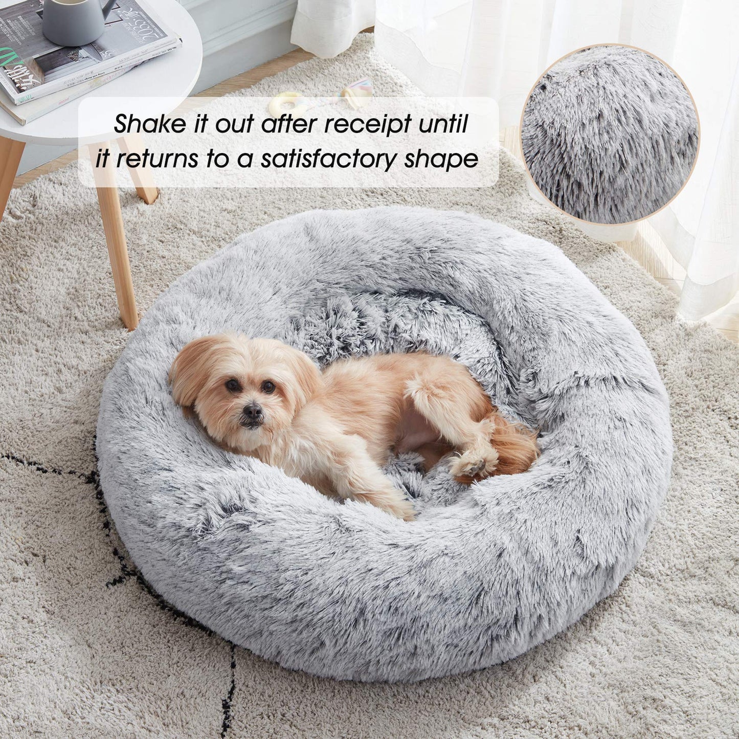 Frestano™ Calming Soft Round Dog & Cat Bed – Anti-Anxiety Donut Cuddler, Faux Fur Plush, Cozy Cushion for Small & Medium Pets, Light Grey
